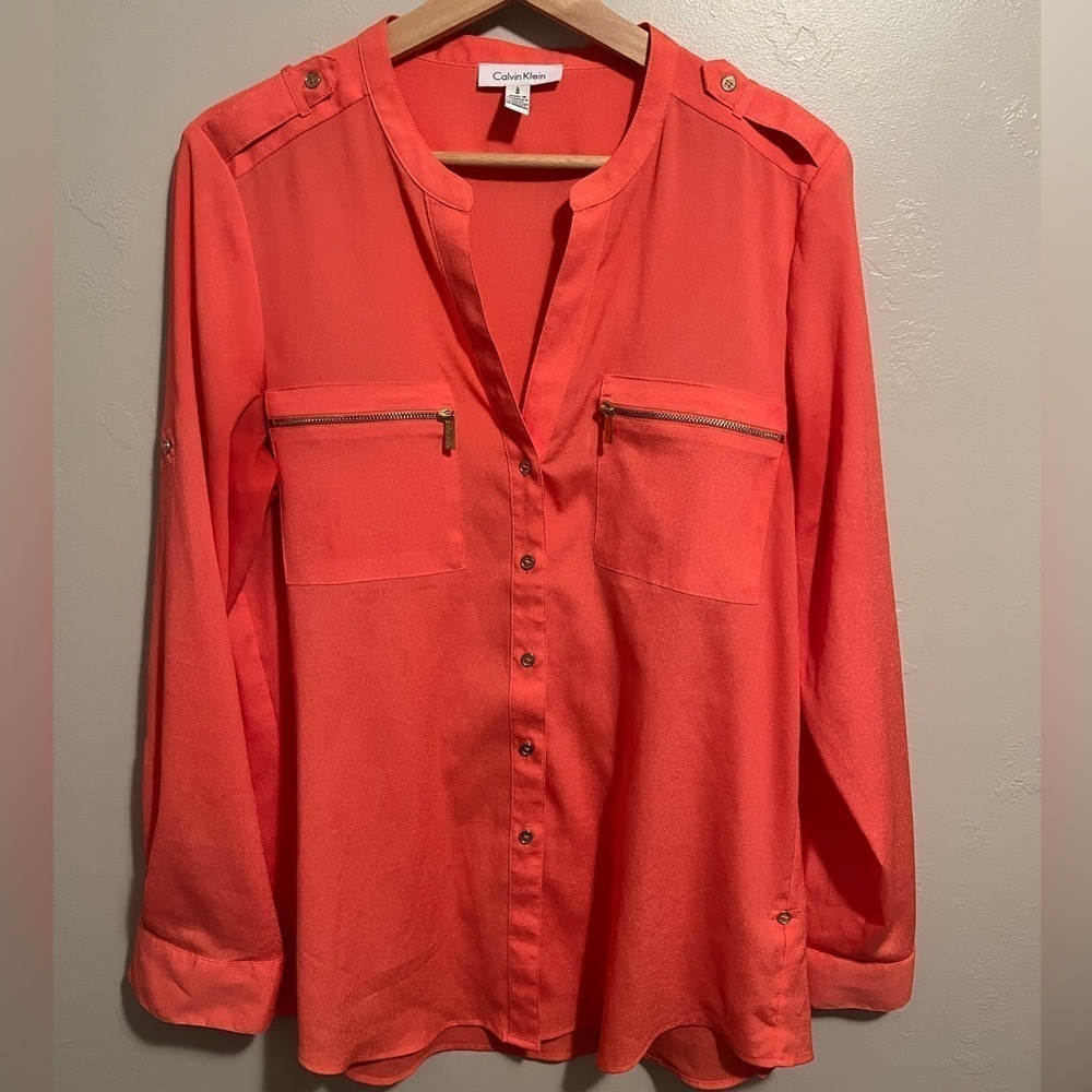 Calvin Klein Orange Women's Long Sleeve Blouse Button-Up Top
